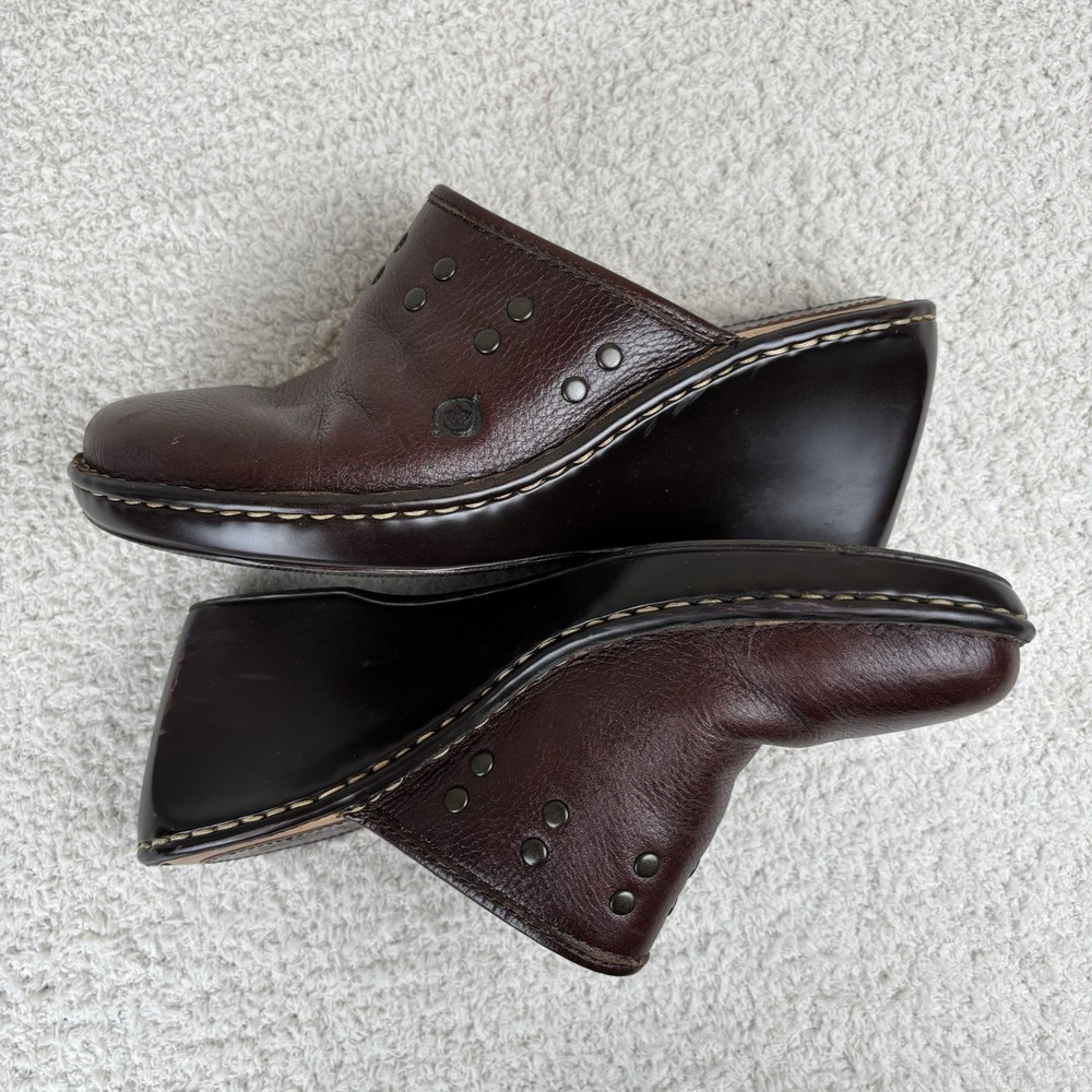 Born Shoes Womens 9 Brown Naomi T Moro Leather Mule Clog Slip On Wedge Studded - Picture 3 of 15